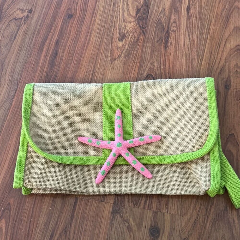 Murval Adorable jute starfish clutch bag wristlet pink green beige